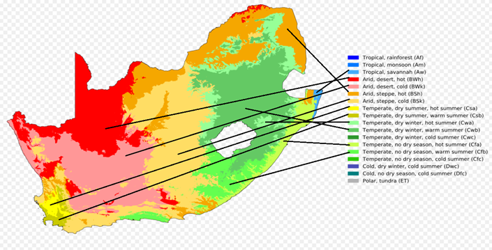 اقلیم های مختلف و بسیار متنوع کشور آفریقای جنوبی به تفکیک سیستم Koppen