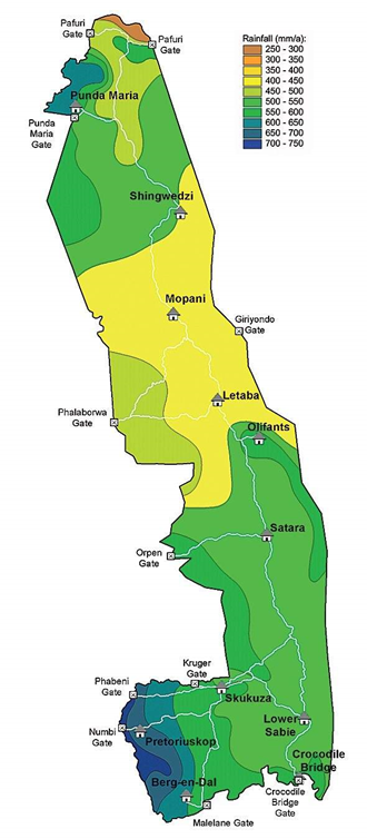 نقشه پارک ملی کروگر و میزان بارندگی در این منطقه به تفکیک هر ناحیه