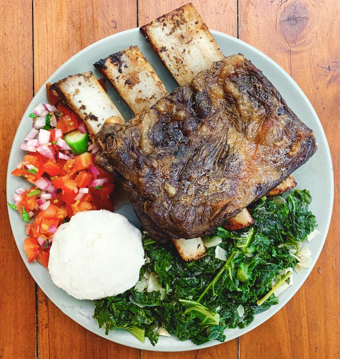 Nyama choma, Sukuma Wiki, Ugali, and Kachumbari