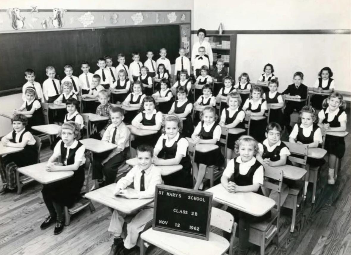 The future Pope Leo XIV, Robert Prevost, in second grade. He’s standing fourth from left in this class photo from 1962 The future Pope Leo XIV, Robert Prevost, in second grade. He’s standing fourth from left in this class photo from 1962