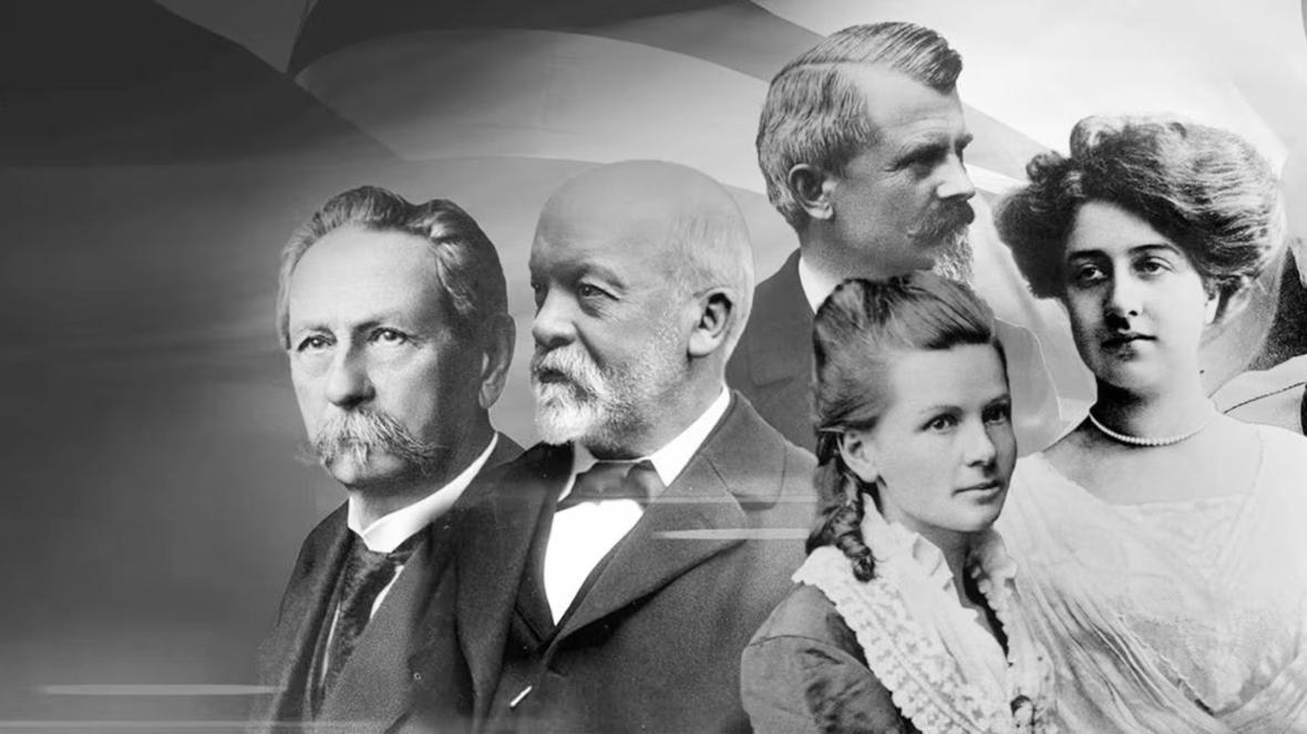 Car benz and Gottlieb Daimler on the left, Bertha Benz on the bottom