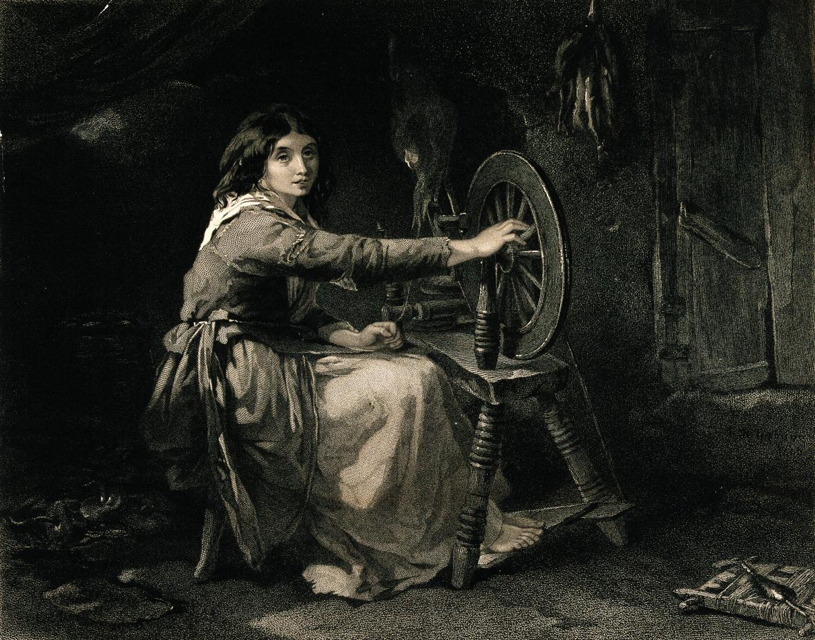 A young girl is sitting at a spinning wheel. Engraving by Fr Wellcome